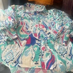 Abstract Print Pullover Blouse in Teal, Navy & Pink